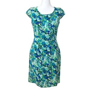 Calvin Klein Linen Blend Floral Sheath Dress Petite 2P Green Blue Spring Work